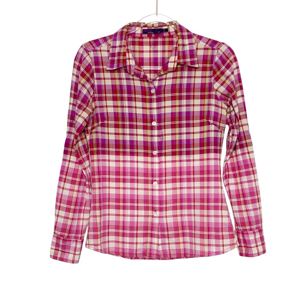 PRANA Plaid Button Up Long Sleeve Shirt Classic Fit Checked Pink Ombre Size XS
